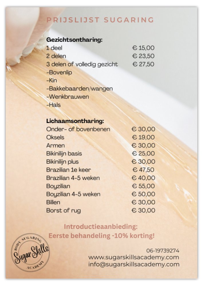 Sugar Skills prijslijst